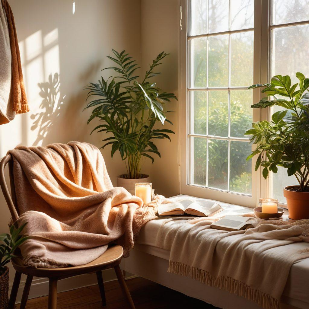 A serene young adult enjoying a calming self-care ritual in a cozy, softly lit room. Surround them with lush plants, a warm blanket draped over a chair, and soothing candles flickering. In the background, a journal and colorful art supplies lie on a coffee table, symbolizing creativity and reflection. Gentle sunlight filters through a window, adding warmth and tranquility to the scene. pastel colors. soft lighting. cozy atmosphere.