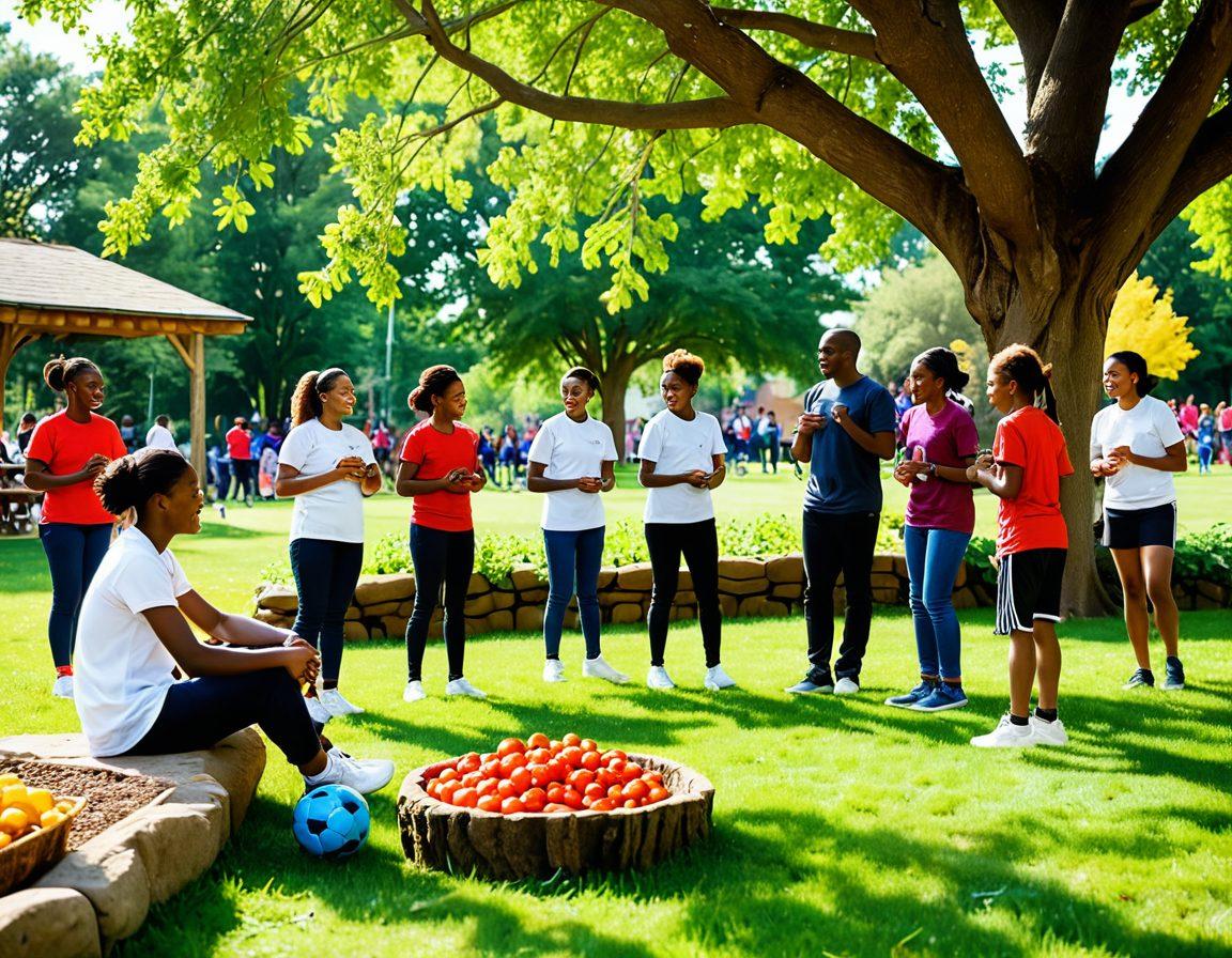 A vibrant community scene showcasing diverse adolescents engaged in various health-related activities, such as group sports, cooking classes, and mental wellness workshops. Include supportive adults mentoring them, with a backdrop of lush greenery symbolizing growth and health. The atmosphere should be warm and inviting, highlighting teamwork and collaboration. super-realistic. vibrant colors. dynamic composition.