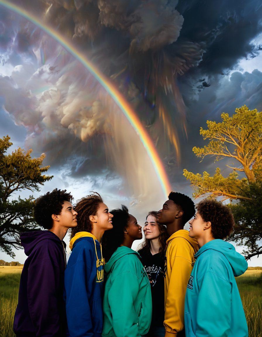 A serene scene depicting a diverse group of teens gathered in a supportive circle, surrounded by stormy weather outside, symbolizing resilience and togetherness. Soft light filters through dark clouds, illuminating their expressions of hope and strength. Elements of nature like trees swaying in the wind and a subtle rainbow appear in the background, representing growth and healing. Emphasize emotional connection and a sense of community. vibrant colors. super-realistic.